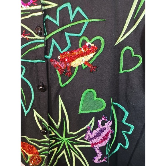 Michael Simon Event Cardigan Sweater Frogs Sequin Artsy Eclectic Size S - Picture 4 of 6